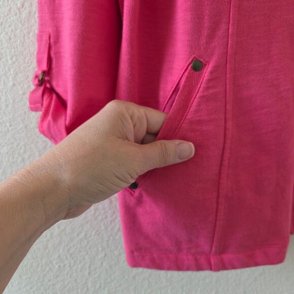 Chicos Weekends Zip Front Jacket Pink Womens Size L Cotton Slub Funnel Neck - Picture 4 of 11